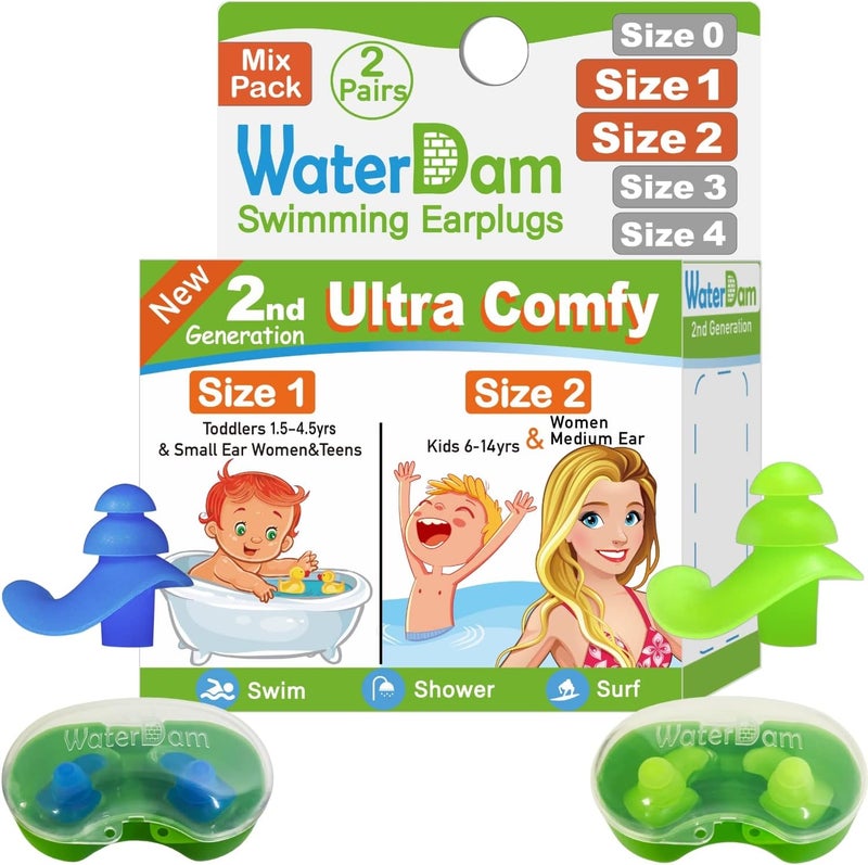 WaterDam Swimming Ear Plugs Great Waterproof Ultra Comfy Earplugs Prevent Swimmer's Ear (Size 1+2: Toddlers (Blue) & Small&Medium Ear Women Kids Teens (Green)) - Image 1